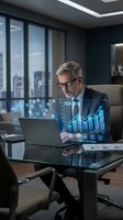 Mature Caucasian businessman analyzing holographic financial charts and growth data on laptop in modern corporate office.