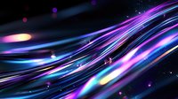 Glowing neon waves with purple and blue light streaks on black background, abstract dynamic flowing lines with bokeh effect and sparkles create futuristic pattern.