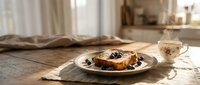 Delicious breakfast toast with jam and berries on plate beside elegant teacup in sunlit cozy kitchen interior with warm morning light streaming through windows.