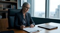 Senior businesswoman with gray hair and glasses writing documents at modern office desk with city view background for corporate presentations.
