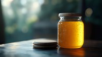 Fresh honey jar with water drops on glass surface against blurred natural background with bokeh lights, golden hour atmospheric food photography.