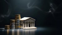 Golden coins stacked beside classical bank building model on dark background with dramatic lighting for financial investment concepts.