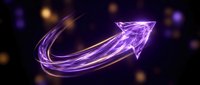 Glowing purple neon arrow with light trails and bokeh effects on dark background for business growth and direction concepts.
