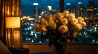 Elegant bouquet of cream roses in glass vase against night cityscape backdrop, warm lamp glow creates romantic atmosphere in luxury apartment.