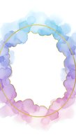 Watercolor circular frame with pastel blue and purple clouds, gold border on white background for wedding invitations, greeting cards and feminine designs.