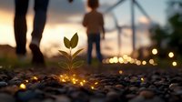 Young green plant seedling growing from soil with warm golden lights at sunset, symbolizing hope, growth and new beginnings in urban environment.