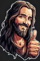 Smiling bearded man with long dark hair showing thumbs up gesture in cartoon style illustration on dark background. White outline sticker art for social media and messaging.