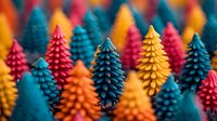 Colorful miniature paper trees in vibrant teal, yellow, orange, and pink create a whimsical forest landscape for holiday decorations or creative crafting projects.