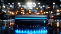 Glowing blue neon light bar reflected on wet surface with blurred bokeh lights in background creates futuristic atmospheric nighttime scene.
