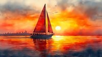 Sailboat with red sails gliding across calm waters during dramatic orange sunset, silhouetted city skyline on horizon, reflections dancing on water surface.