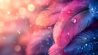 Delicate feathers with water drops in pink and blue colors against blurred bokeh background create dreamy, ethereal atmosphere for romantic designs.