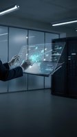 Businessman using futuristic holographic interface with data analytics and network connections in modern office environment for digital transformation.