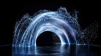 Glowing blue light arch over dark water surface with sparkling particles creating magical illuminated tunnel effect, mystical night scene with reflections.