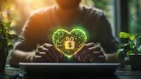 Glowing green heart with zodiac Aries symbol floating between hands at desk with houseplants and sunlight, magical astrology concept for horoscope and fortune telling.