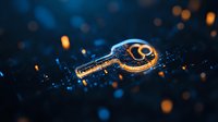 Digital golden key glowing on dark blue background with bokeh lights, representing cybersecurity, access control, and digital protection solutions.