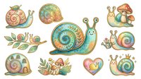 Colorful snails and slugs with decorative patterns, isolated on white background. Whimsical garden creatures featuring spiral shells and ornamental details, suitable for children's designs, stickers, and craft projects.