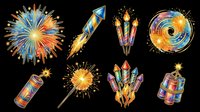 Colorful fireworks and rockets collection isolated on transparent background, ready for t-shirt design, clipart, stickers, sublimation and print-on-demand projects.