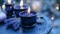 Glowing candles in dark blue holders with sparkly decorative elements and lavender sprigs create serene atmosphere for meditation and spa treatments.