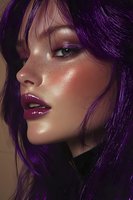 Close-up profile of young woman with vibrant purple hair, freckles, glossy plum lips and glowing skin showcasing modern beauty trends.