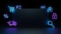Neon glowing e-commerce icons on dark background with shopping cart, payment, delivery truck, security lock, search and discount symbols for online business.
