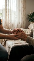 Young caregiver holding elderly woman hands in warm home setting showing compassion support and intergenerational connection for healthcare concepts.