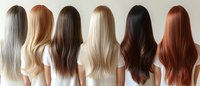 Women with different hair colors and styles standing in row showing long straight hair from behind, wearing white tops, demonstrating hair coloring variations from platinum to auburn.