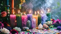 Colorful burning candles with crystals, tarot cards and flowers create mystical spiritual atmosphere with smoke and warm candlelight for meditation rituals.