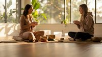 Two young women enjoying traditional tea ceremony sitting cross-legged on floor in bright sunlit room with large windows and plants creating peaceful atmosphere.