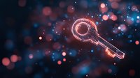 Glowing digital key silhouette with network particles on dark background, representing cybersecurity, access control, and digital authentication technology.