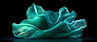 Ethereal turquoise silk fabric floating in darkness creates dramatic waves and folds against black background, showcasing smooth flowing movement and elegant textile draping.