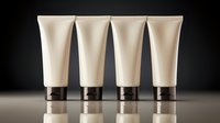 Cream-colored cosmetic tubes standing in row on reflective surface against dark background, mockup for beauty product packaging and branding design.