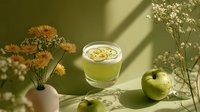 Fresh green apple smoothie with diced fruit garnish, surrounded by delicate flowers and whole apple in soft natural light.