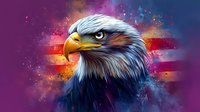 Majestic bald eagle head portrait with intense gaze against vibrant cosmic background featuring purple and orange color splash effects and artistic smoke elements.