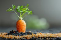 Fresh organic carrot growing in rich soil with green leaves sprouting, macro photography on blurred background showing gardening and healthy food concept.