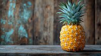 Fresh ripe pineapple on rustic wooden table against weathered turquoise wall background. Tropical fruit with vibrant yellow color and green leaves creates contrast.