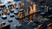 Glowing golden skyscrapers rise from circuit board cityscape with microchips and electronic components in dramatic lighting, representing digital transformation and smart city concept.