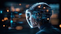 Side profile of person with glowing digital interface overlay showing futuristic augmented reality technology, neural networks and data visualization against dark background.