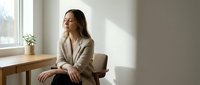 Professional businesswoman in beige blazer sitting at modern office desk by window with natural sunlight creating peaceful workspace atmosphere.