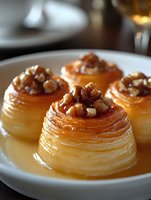 Golden caramel flan desserts topped with chopped nuts on white plate in warm restaurant setting for gourmet dining and culinary presentations.