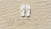 White flip flops on rippled sandy beach with the word vacation written in sand, evoking summer travel and relaxation vibes.