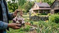 Farmer holding freshly harvested garlic bulbs with roots in hands at rural homestead garden, agricultural produce and organic farming concept.
