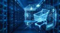 Digital shopping cart with security icons and cloud computing symbols in futuristic blue technology environment for e-commerce and online retail concepts.