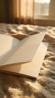 Blank white paper sheets scattered on bed with warm sunlight streaming through window creating soft shadows for stationery and correspondence mockup.