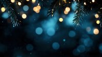 Pine branches with glowing golden bokeh lights against dark blue background create magical holiday atmosphere. Festive winter season backdrop for greeting cards.