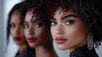 Young African American women with natural curly hair and glamorous evening makeup posing in sequence, highlighting professional beauty and fashion styling.