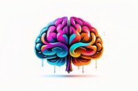 Colorful artistic brain illustration with vibrant gradient from blue to pink and orange, showing creative hemispheres with paint drip effect on white background.