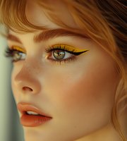 Close-up of woman with vibrant yellow eyeliner, coral lips, and freckles showcasing modern makeup trends for beauty and cosmetic advertising.
