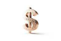 Golden dollar sign symbol on white background with soft shadow, metallic texture and reflective surface creates wealth and prosperity concept.