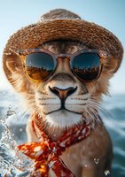 Cool lion wearing straw hat, sunglasses with city reflection and red bandana against ocean backdrop, water droplets creating summer vacation mood.