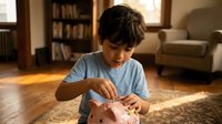 Young boy with dark hair in light blue shirt sitting on wooden floor playing with piggy bank in cozy living room with bookshelf and natural sunlight.